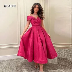 Vestido de noche largo de estilo fucsia para mujer, traje Formal con hombros descubiertos y cuello en V para graduación de Arabia Saudita, 2024