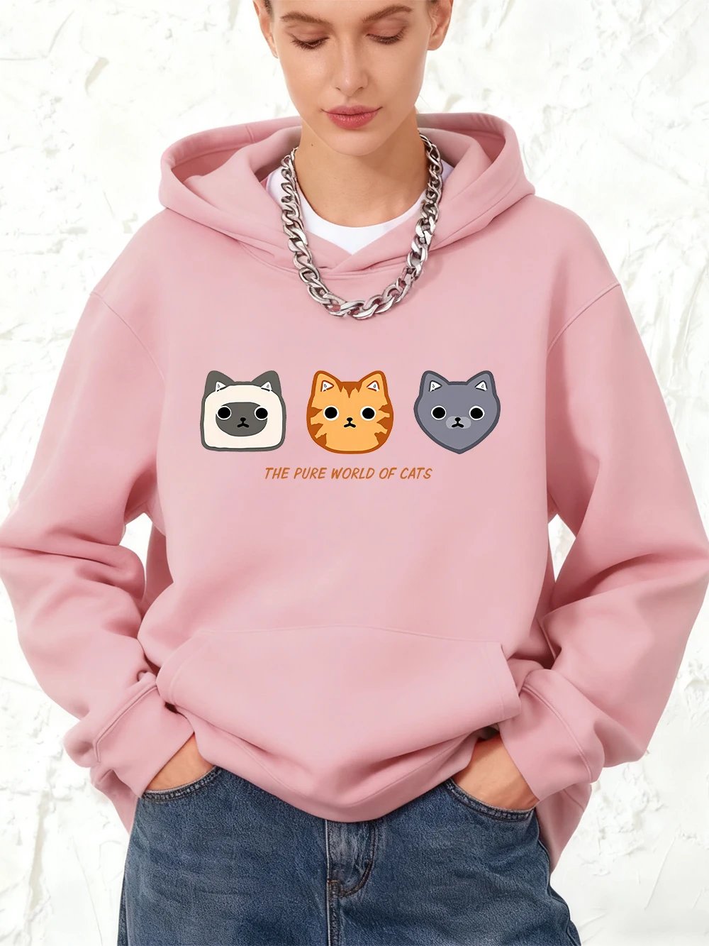 

Хлопковая толстовка с принтом «Pupe World Of Cats», женская толстовка с карманами для бега, спортивный свободный пуловер, зимние флисовые теплые топы