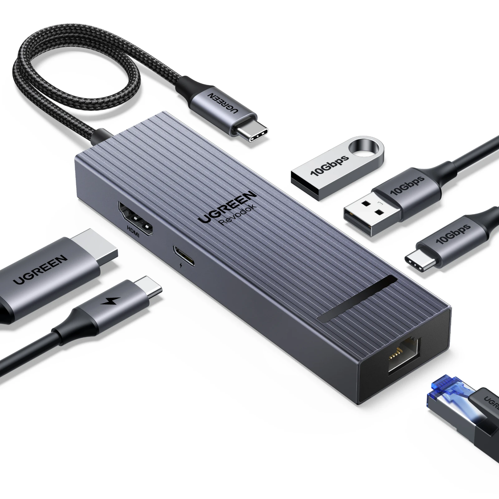 UGREEN 6 w 1 USB C HUB Adapter Gigabit Ethernet 4K 60Hz HDMI PD100W Ładowanie 10Gbps Porty USB A&C do transmisji danych dla MacBooka iPada Laptopa — zdjęcie produktu 7