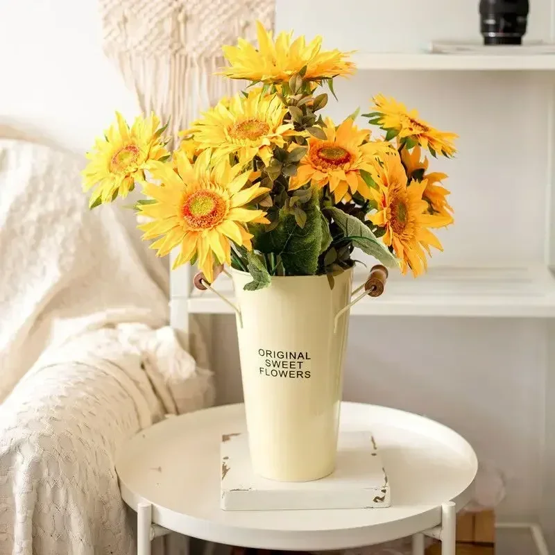 European Style Iron Sheet Floral Bucket Retro Letter Patterned Double Handle Vase Multi Size Flower Arrangement Water Bucket