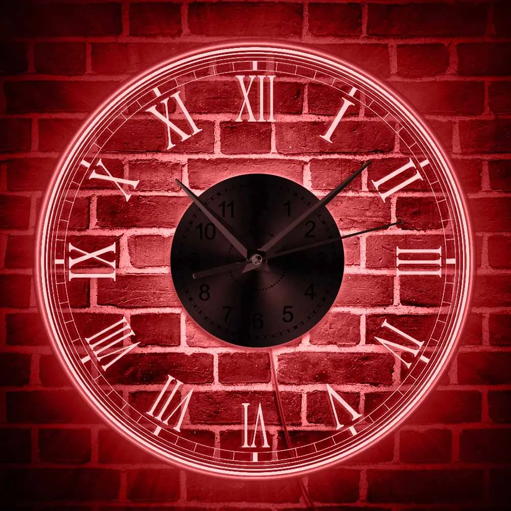 Vintage Design Illuminated Wall Clock With Roman Numerals Decorative Night Light Acrylic LED Edge Lit Wall Clock For Living Room