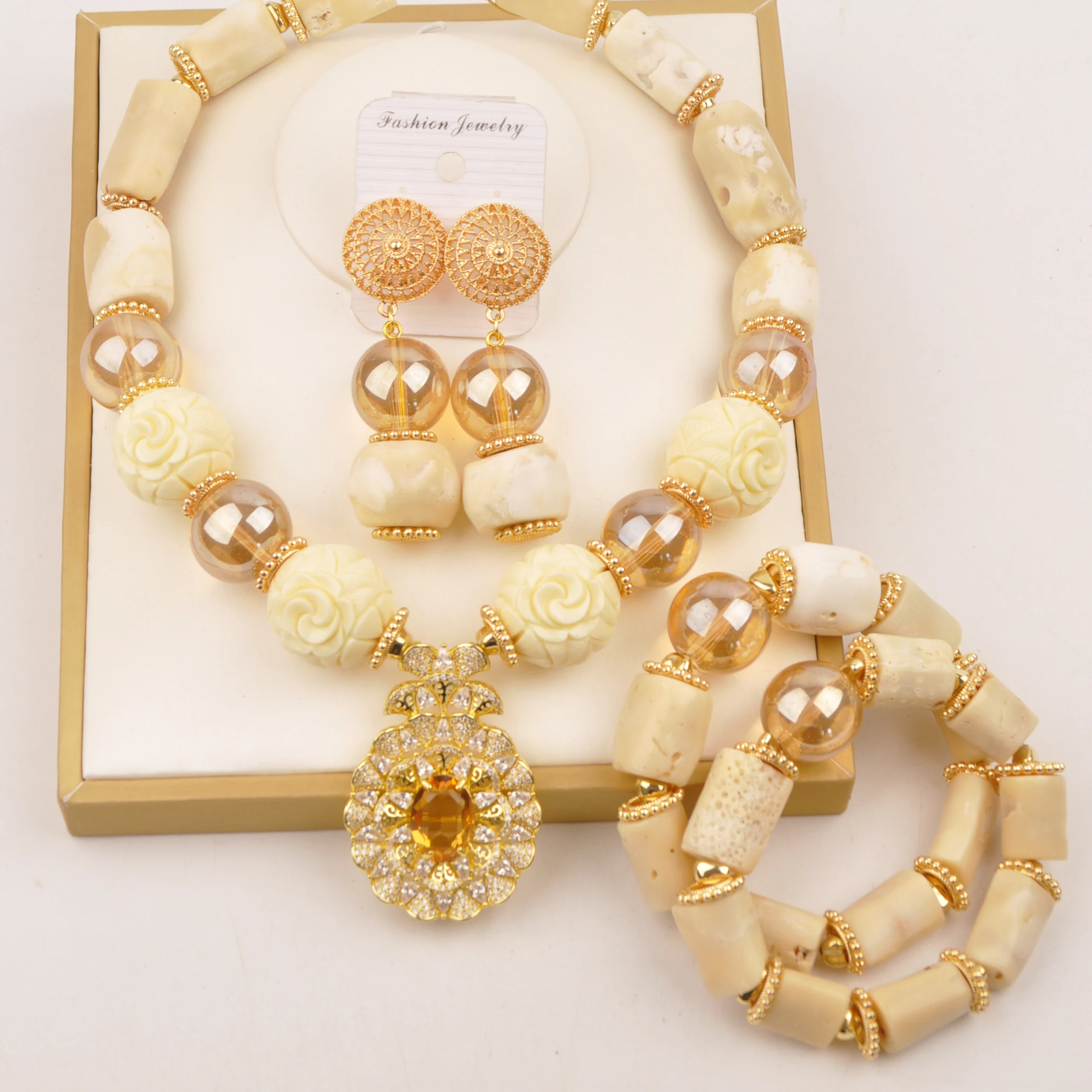 

White Natural Coral Necklace Nigerian Bride Jewelry Set African Wedding Banquet Set