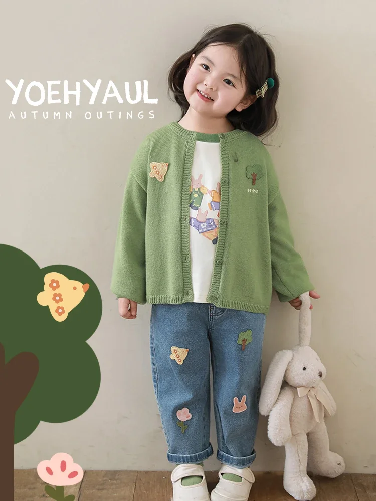 Girl\'s Cartoon Embroidered Cardigan 2024 Autumn Cute Loose Comfortable Warm Casual Coat