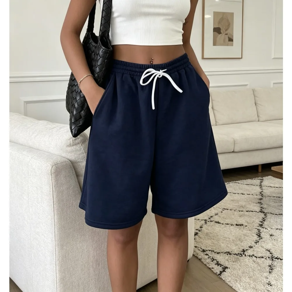 Women's Navy Blue Loose Sweat Shorts Drawstring Elastic Waist Casual Lounge Wear Soft Comfortable Home Bottoms  womens shorts