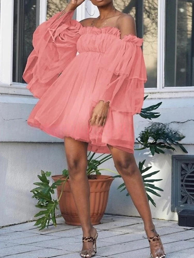 

Summer Off Shoulder Dress Womens Elegant Short Dress Elastic High Waist Ruffled Boho Chiffon Dress Wholesale Dropshipping