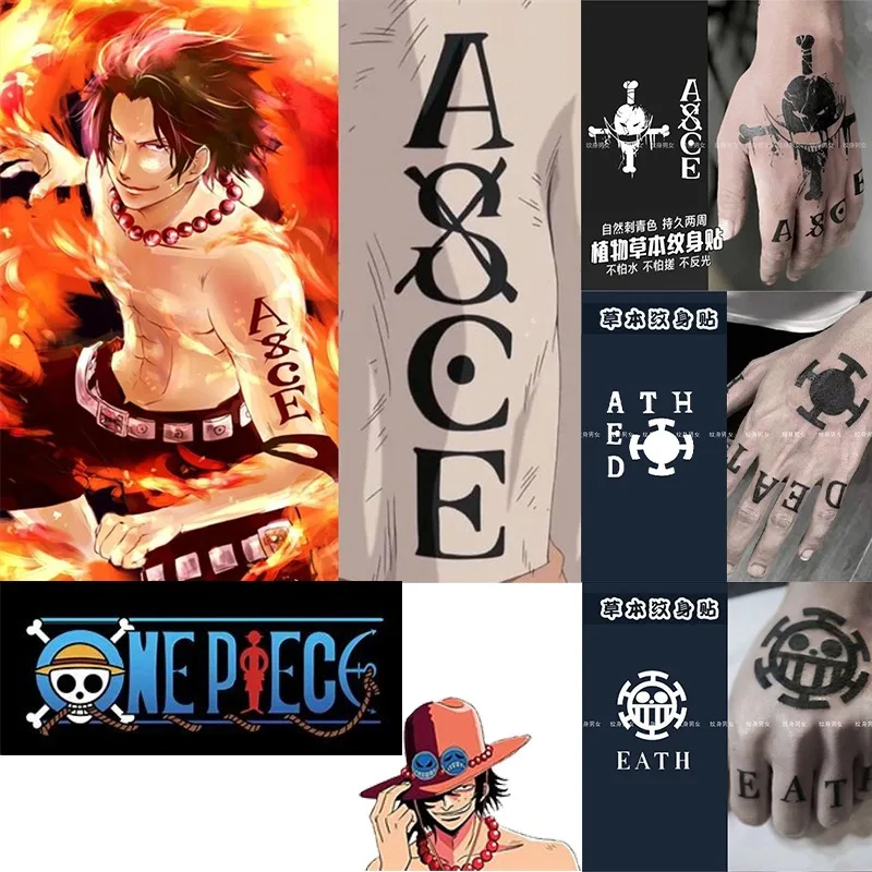 Pegatinas de tatuaje de ONE PIECE para adultos, 3 piezas, letras Ace, Anime, arte corporal, duradero, brazo falso sin decoloración, regalos de cumpleaños