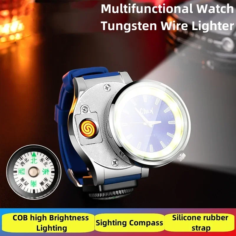 

2024 Creative Multi functional Watch with Compass Tungsten Cigarette Lighter COB Lighting Windproof Watch Gift Best Choice