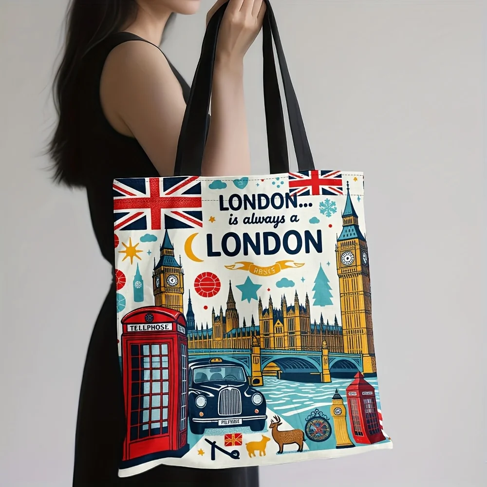 Reusable Grocery Tote Bag Women London Themed Design Big Ben Red Phone Booths Union Jack Canvas Large Capacity Shopping Bag