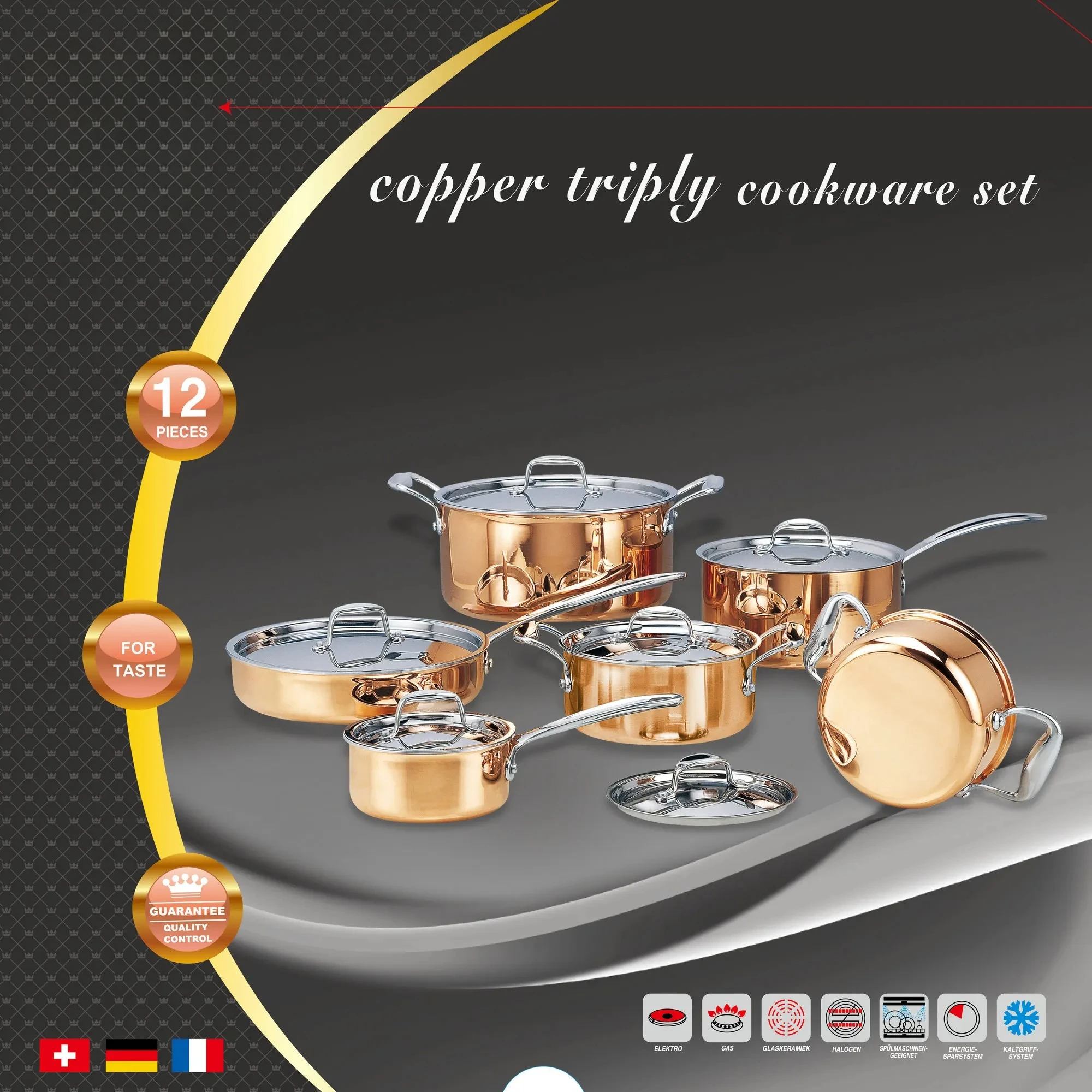 12点セット 三層銅ステンレス鋼調理器具セット、高級プロ仕様キッチン用品 鍋とフライパン、少量注文可能