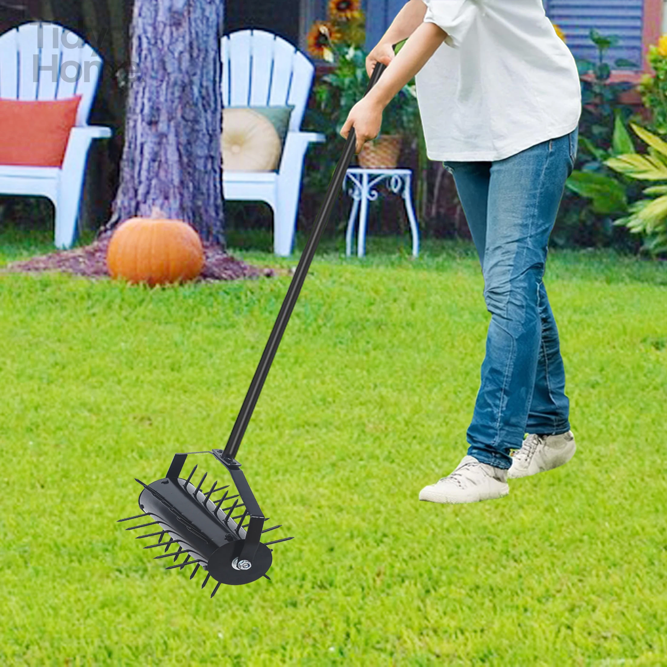 

Rolling manual lawn aerator,Home tool pusher,handle push suitable for lawns, yards and gardens,Simple to Assemble,black colour.