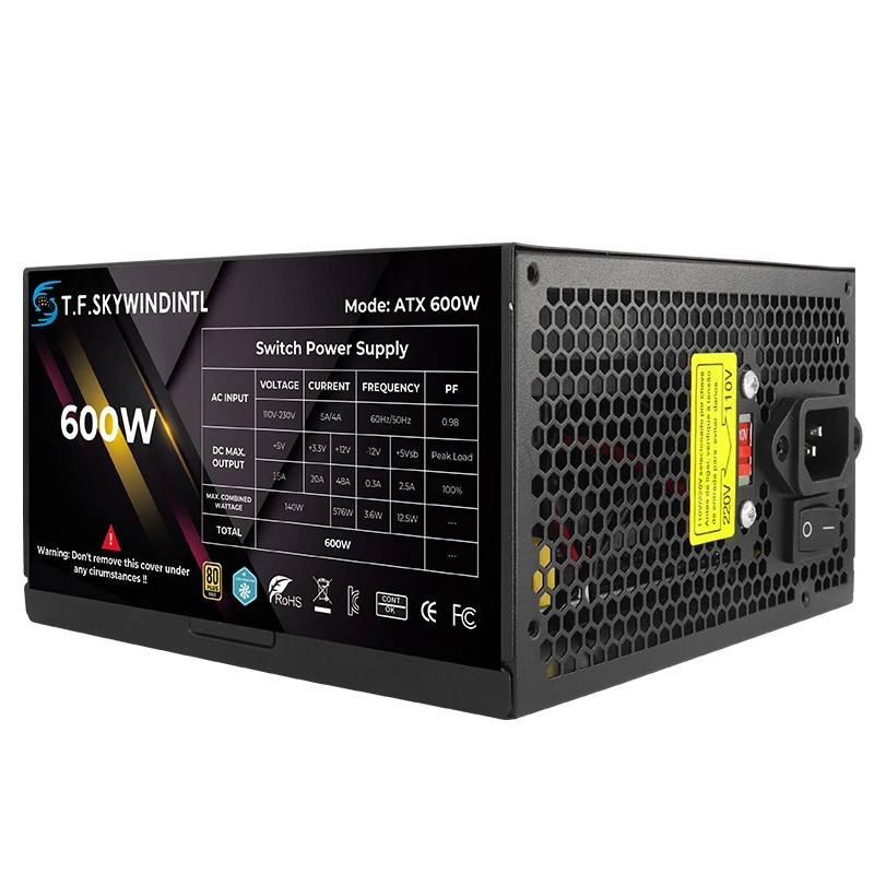 T.F.SKYWINDINTL 600W Gaming Gold ATX Power Supply PC For Computer