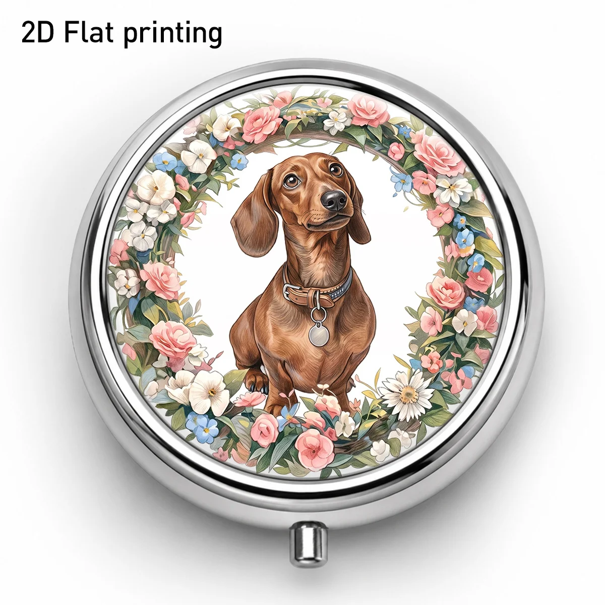 Single-piece, flat-printed, elegant wreath dachshund pattern round pill box, three-compartment portable storage, suitable for organizing vitamins and medicines, with a divided design for neat and orderly storage, a must-have for a romantic home
