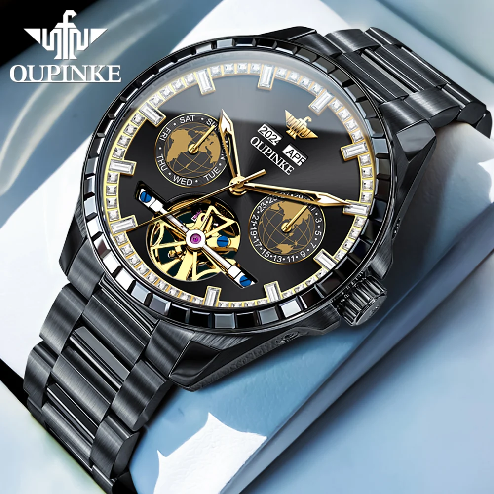 OUPINKE 3280 Gold Luxus Herrenuhren Diamant Zifferblatt Wasserdichte Automatische Mechanische Armbanduhr Skeleton Leuchtdatum Markenuhr 6