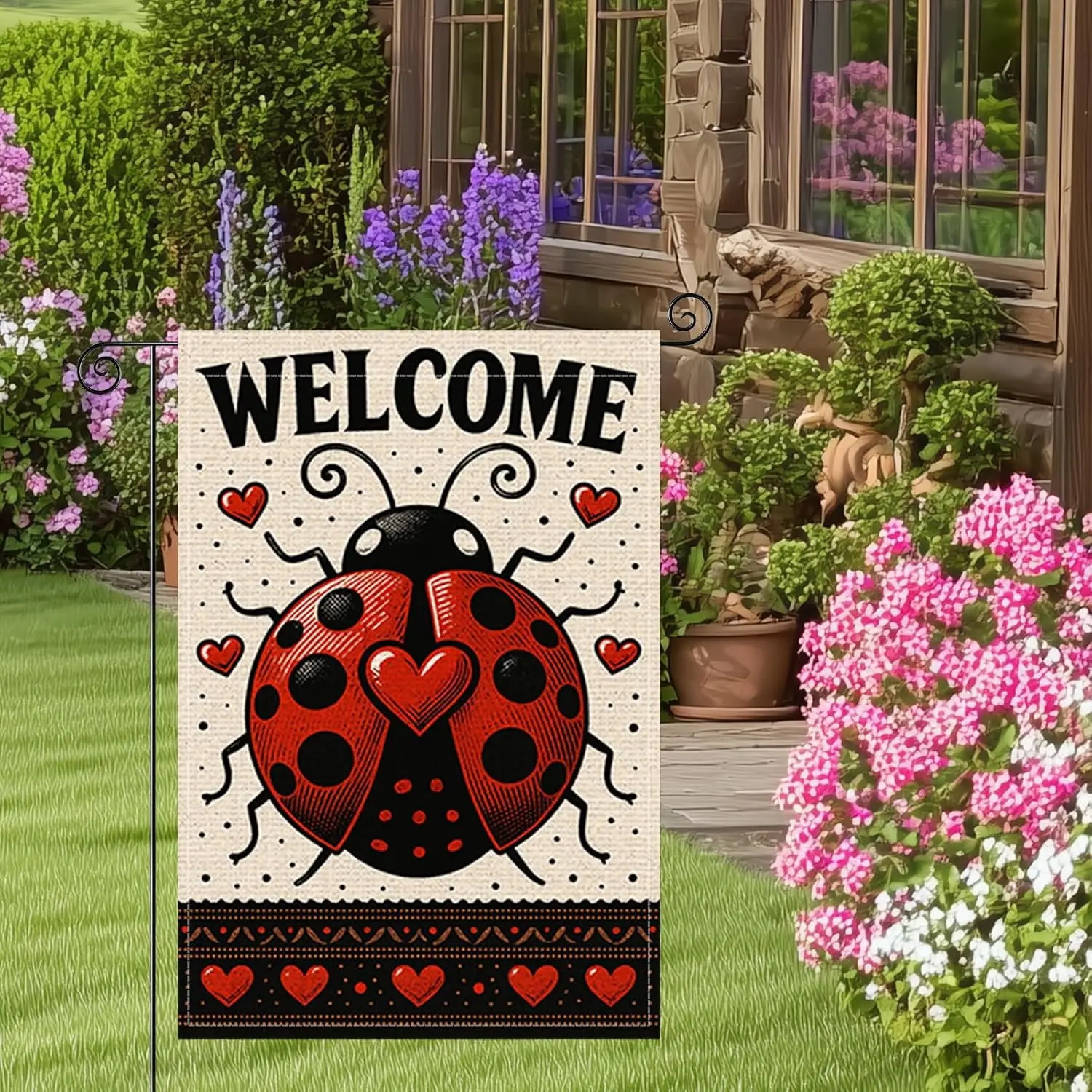 Welcome Ladybug Garden Flag 12x18 Inch Double Sided Heart Ladybug Folk Art Burlap Garden Flag Rustic Farmhouse Yard Outdoor  ZZM