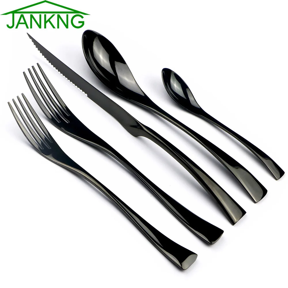 JANKNG 30Pcs Cutlery Sets Stainless Steel Black Dinnerware Serrated Sharp Steak Knife Tableware Mirror Flatware Dropship