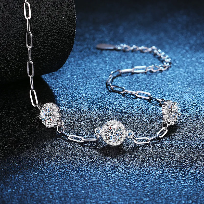 1.5ct Moissanite Bracelet 925 Silver with Certificate Classic Luxury Round Sparkling Diamond Chain Bracelets for Women Jewelry