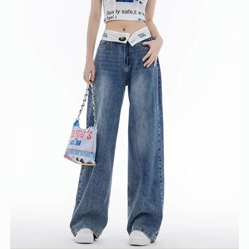 Gidyq High Waist Women Jeans Fashion Korean Streetwear Cuffed Loose Denim Wide Leg Pants Female Patchwork All Match Trousers New