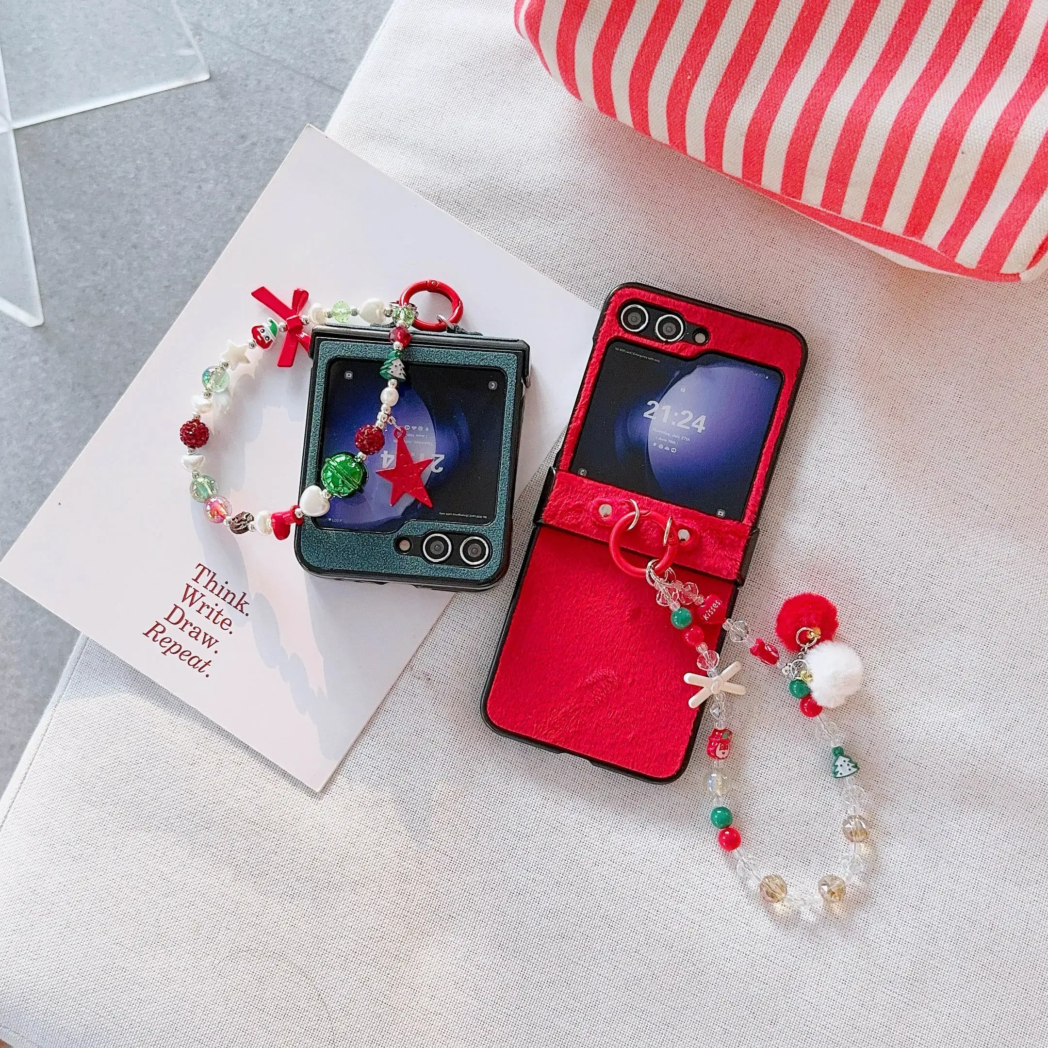 

Рождественский блестящий красочный браслет-цепочка с бусинами на запястье, плюшевый чехол из искусственной кожи для Samsung Galaxy Z Flip 6 5 4 3, чехол для телефона