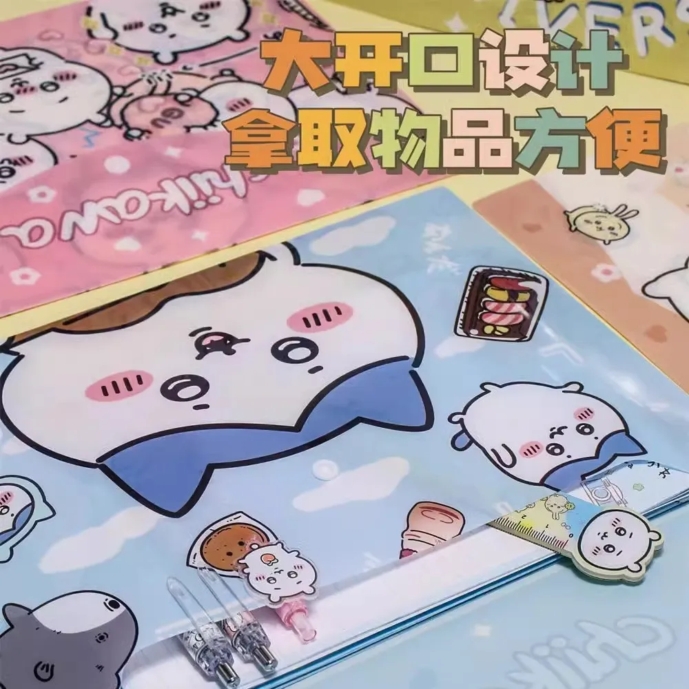 Kawaii สีสัน Chiikawa Hachi Usagi A4 แฟ้มกระเป๋าการจําแนกหนังสือเครื่องเขียนนักเรียน Test กระดาษเก็บกระเป๋า Snap โฟลเดอร์