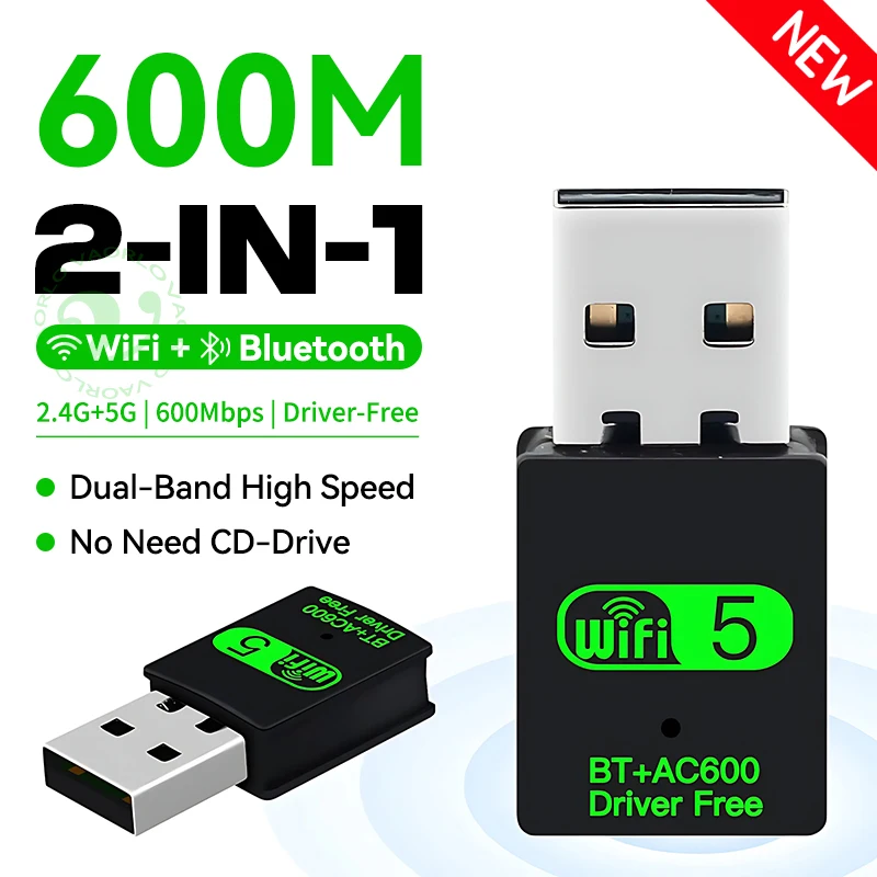 600Mbps USB WiFi Bluetooth Adapter 2 IN 1 Dual Band 2.4G/5GHz Wi-Fi Dongle High-Speed Wireless Network Card Receiver PC Laptop