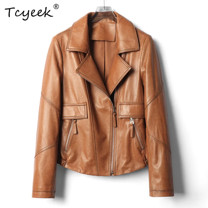 Tcyeek طبقة علوية من جلد الغنم للربيع والخريف سترة عصرية ذات طية صدر السترة سوداء قصيرة للنساء من الجلد الطبيعي سترة Жensarska Kostangnya Kursatka