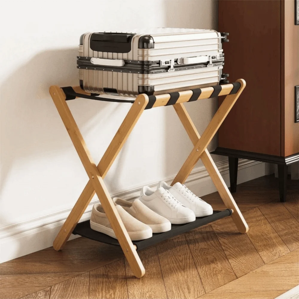 Bamboo Luggage Storage Rack 2-Tier Foldable Foldable Storage Rack Portable Space Saving baggage holder Guest Room