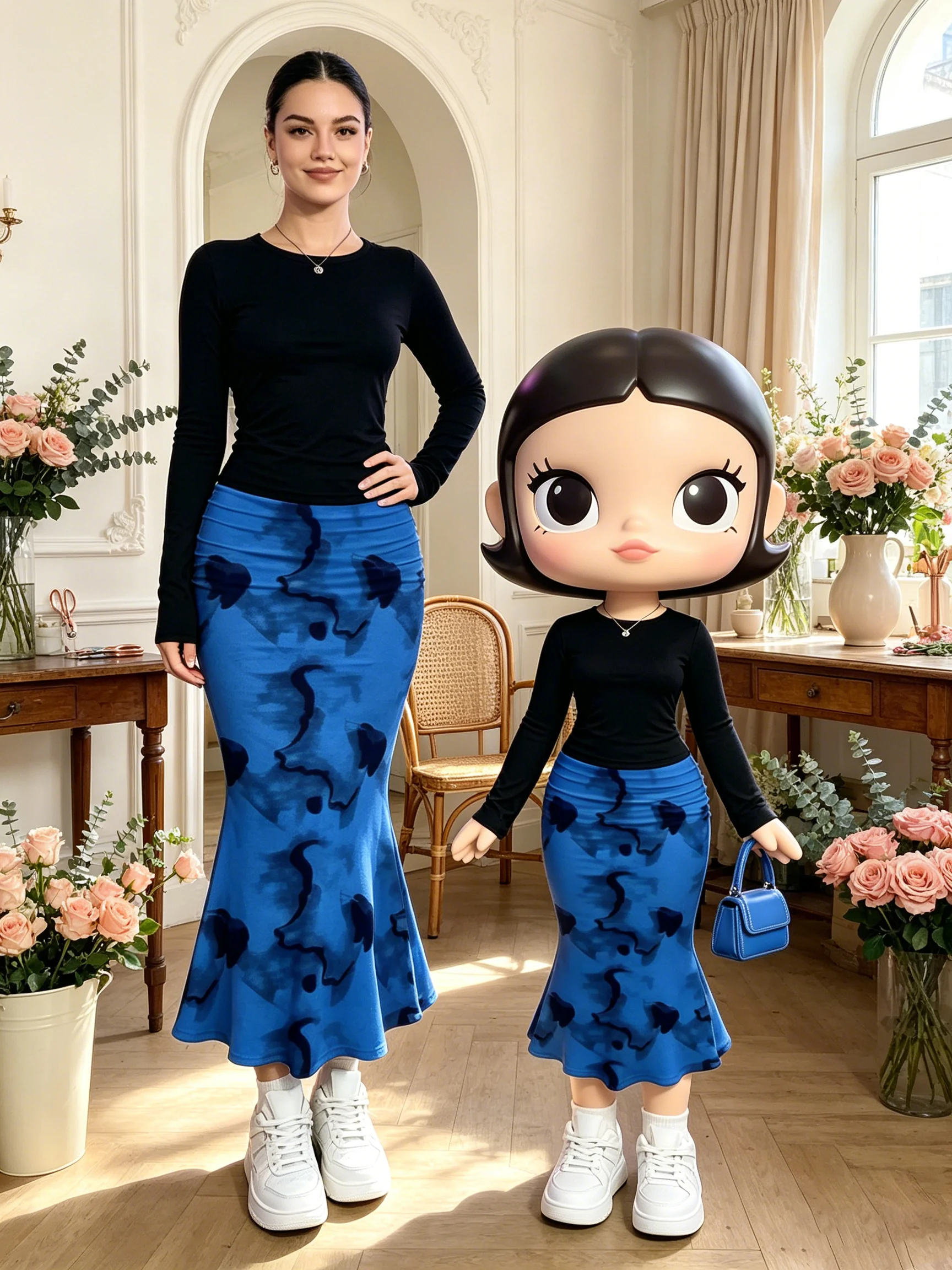 Women's Color Block Skirt Set Casual Elegant Solid Color round Neck Long Sleeve Top with Elastic Waist