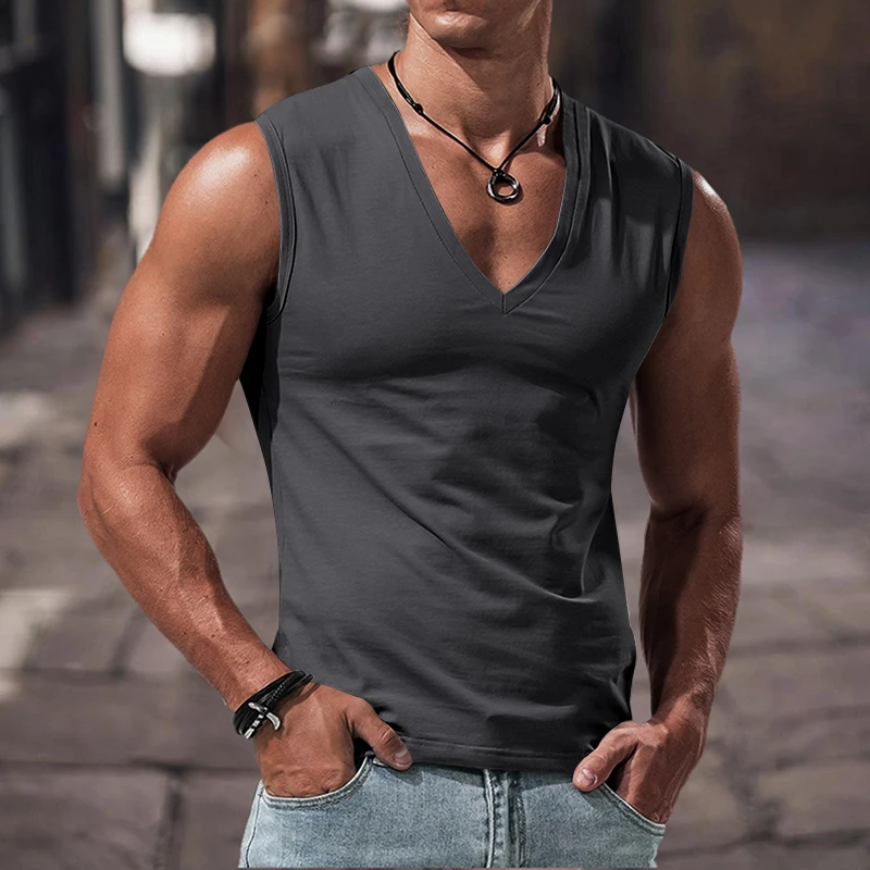 Summer men\'s solid color V-neck vest casual breathable sleeveless T-shirt vest suitable for fitness and sports