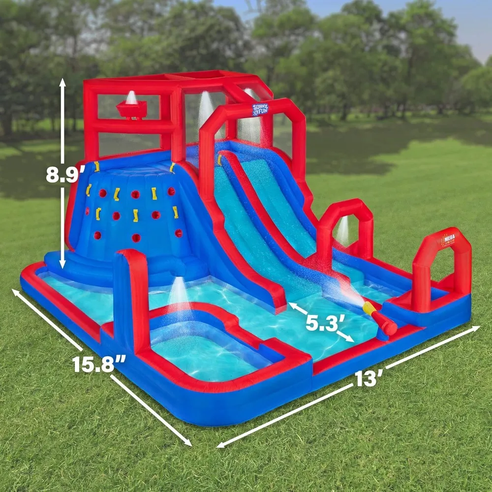 Mega Climb N’ Go Inflatable Water Slide Park – Heavy-Duty for Outdoor Fun - Climbing Wall, 2 Slides, Splash & Deep Pool – Easy