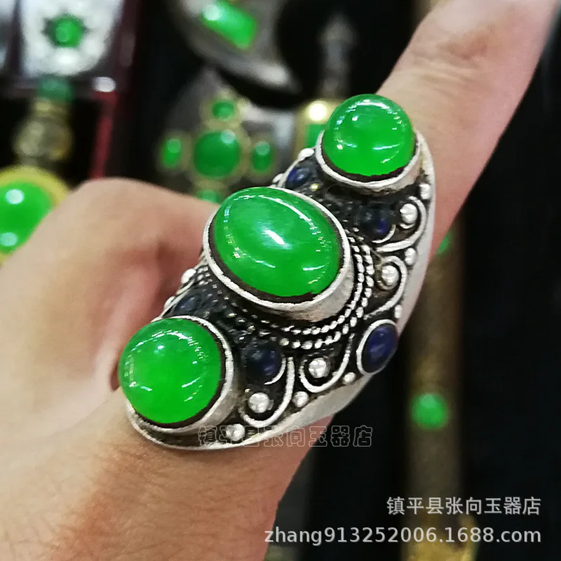 Vintage Ethnic Style Green Jade Long Tibetan Silver Ring