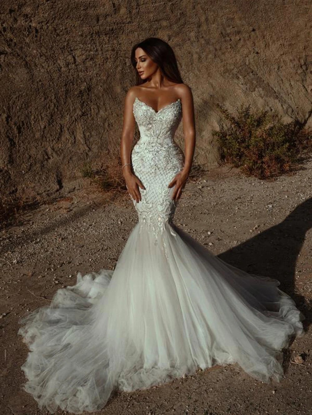 Sexy Strapless Mermaid Wedding Dresses Women Beaded Lace Sequin Appliques Tulle Sleeveless Bride Gown Robe De Mariee Custom Made