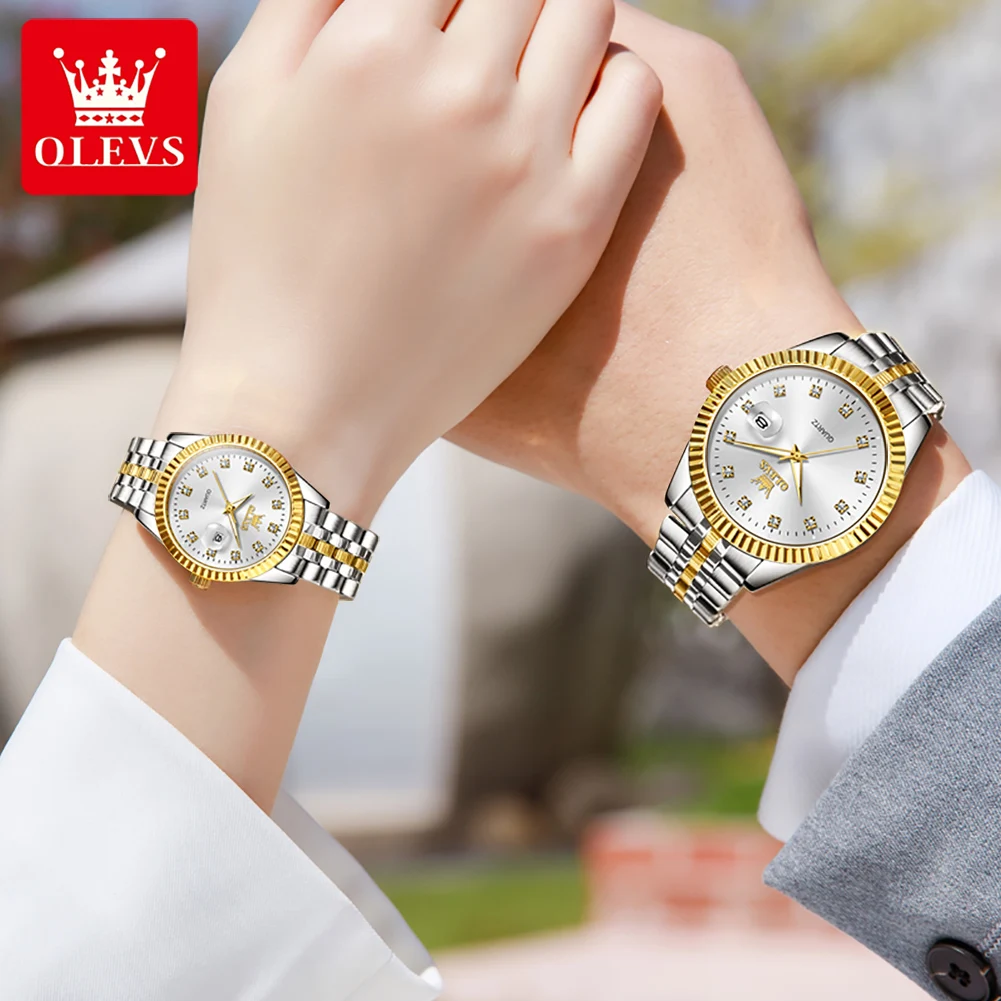 OLEVS 5526 العلامة التجارية الفاخرة كوارتز زوجين ساعة مقاومة للماء الأعمال الكلاسيكية يؤرخ أسبوع الماس ساعة له أو لها طقم ساعات