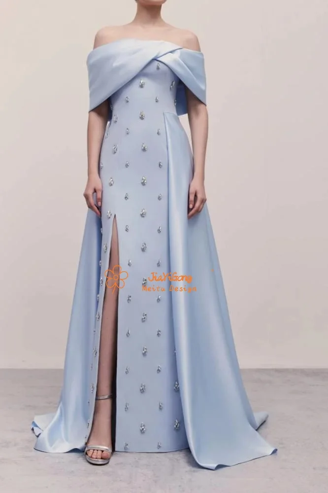

JiaYiGong 2026 Customize Light Blue Birthday Dress Off Shoulder Court Train Beaded Gala Dresses Elegant Evening Party JE121117