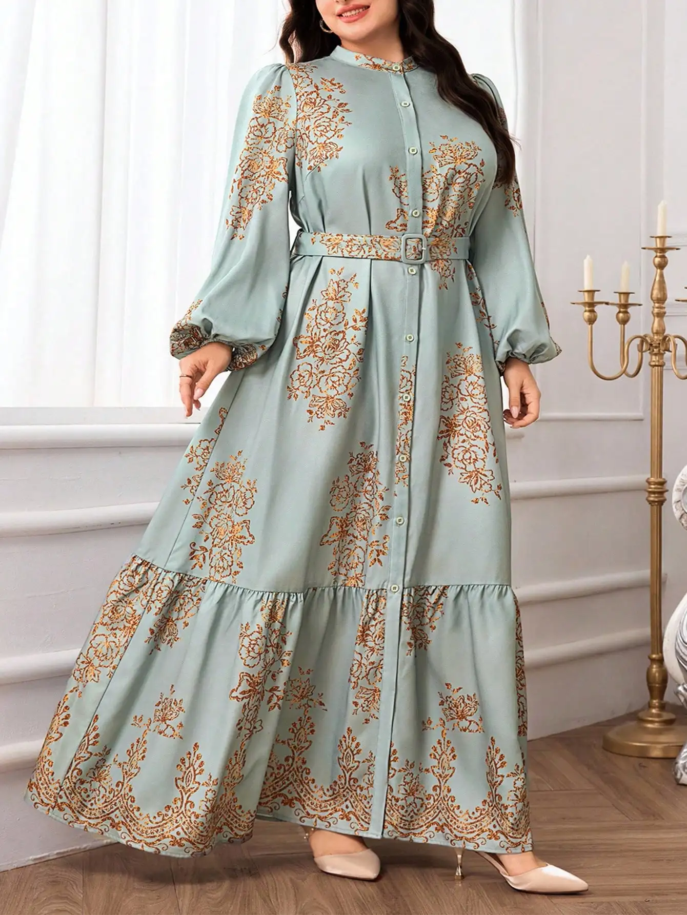 

Plus Size Floral Print Single Breasted Lantern Sleeve Elegant Long Dress