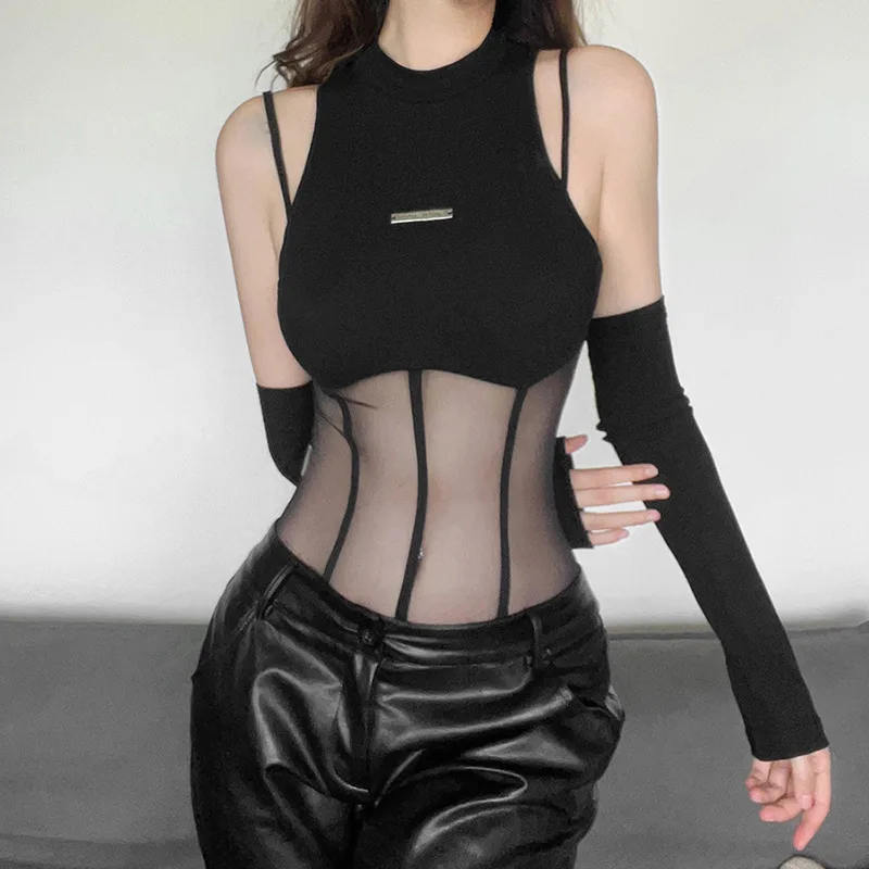 New Women's Solid Color Slim Fit Fashionable Round Neck Sexy Mesh Splicing Jumpsuit