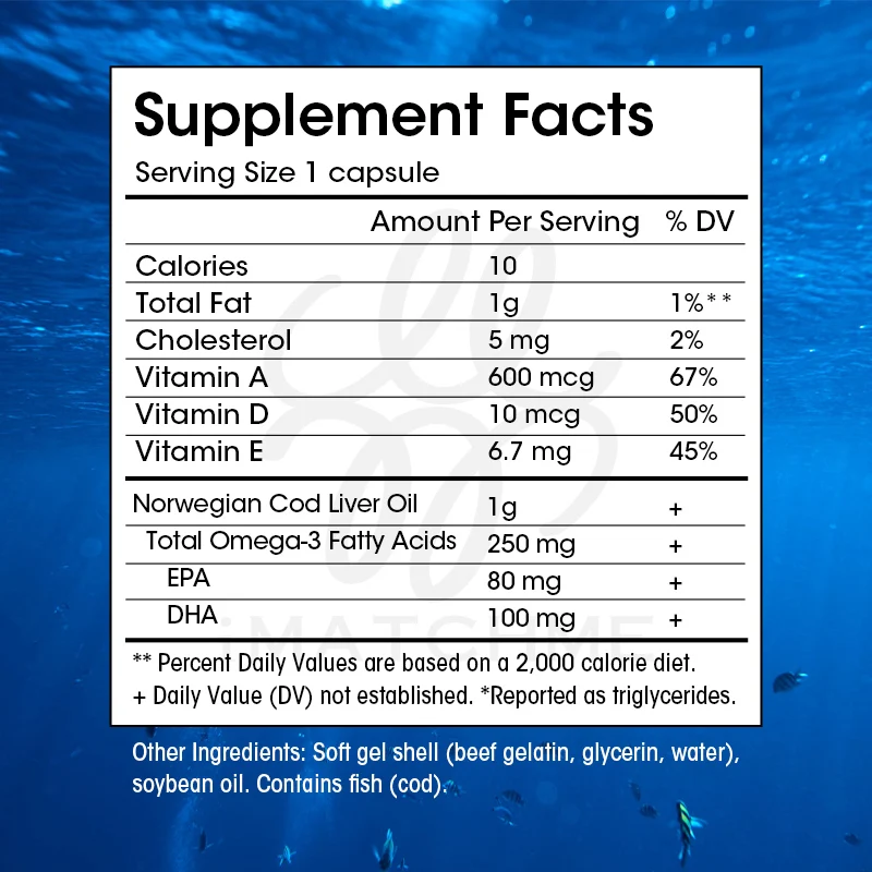 Cod Liver Oil Capsules Fish Oil Omega 3+ Vitamins A & D3 Stress Relief Strengthen Brain, Bone , Improve Memory and Intelligence