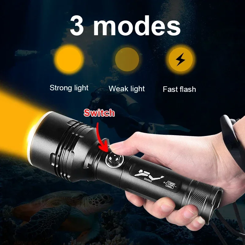 Professional Diving Light Super Bright XHP70 Diving Flashlight 26650 Battery IPX8 Waterproof Lamp 800M Underwater Lantern