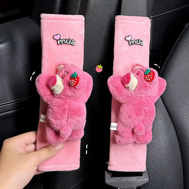 Car Seat Belt Shoulder Protector Anime Cartoon Strawberry Bear Plush Vehicle Mounted Wear-Resistant Shoulder Pads Car Decoration