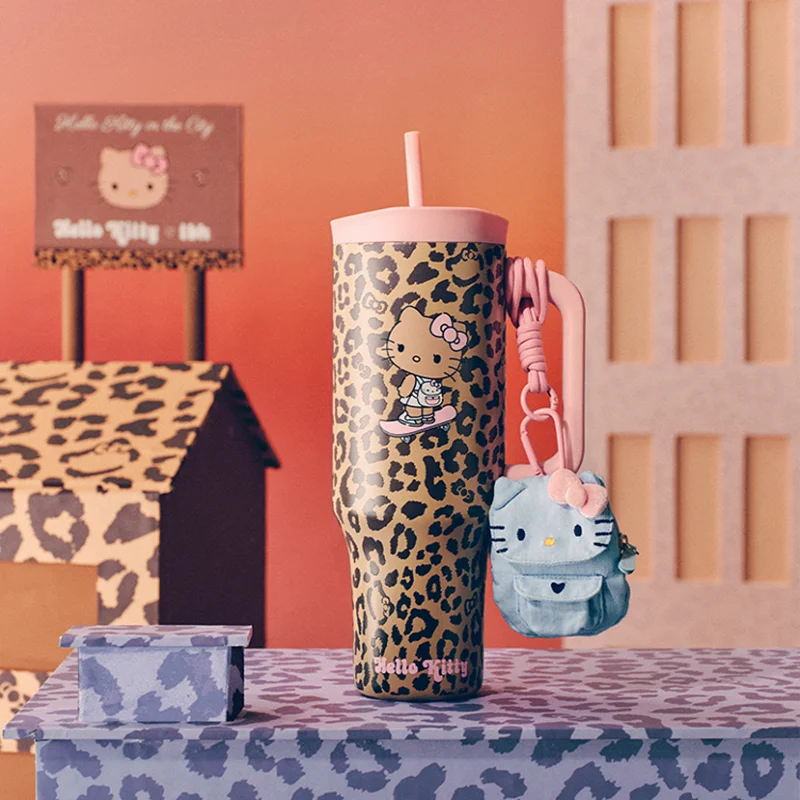 

Hello Kitty Leopard Print Series Straw Thermos Cup Travel Sports Water Bottle Stainless Steel Cold Insulation Cup Girls Gift