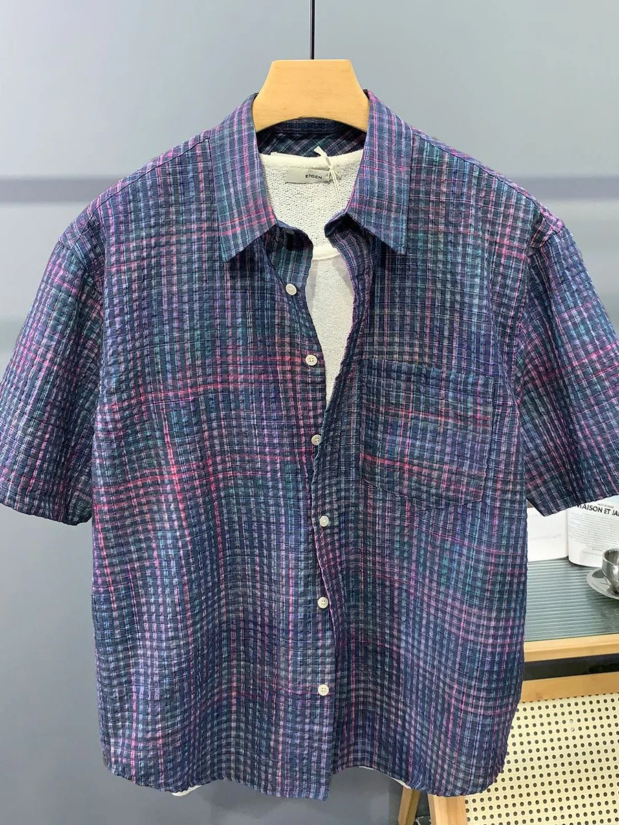 

Casual Loose Men's Bubble irt ort Sve Summer New Faion Trend Plaid irt Versatile Top Stand Fit Busin Gentleman