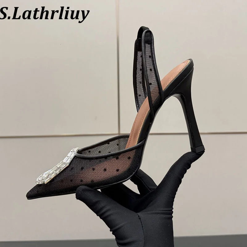 Shining Rhinestone High Heel Sandals Summer Satin Shallow Mouth Versatile Pointed Toe Sandalias Women's Banquet Dress Shoes