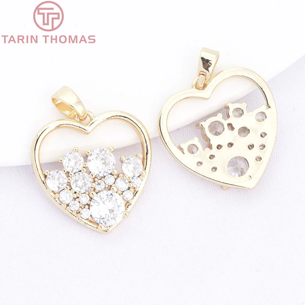 (10453) 2PCS 17.5x18MM 24K Gold Color Brass with Zircon Heart Shaped Hollow Fully Inlaid Pendants DIY Jewelry Making Accessories