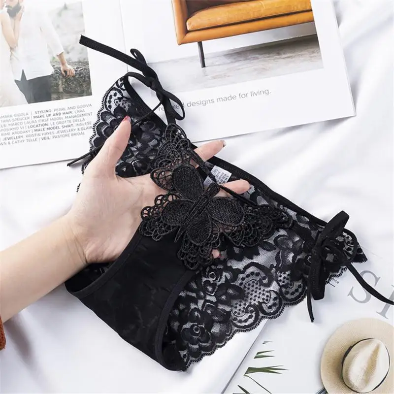 Plus Size Black Lace Hollow Out Lingerie Sexy Perspective Mid-waist Briefs Underwear Seamless Strap Breathable Panties Knicker