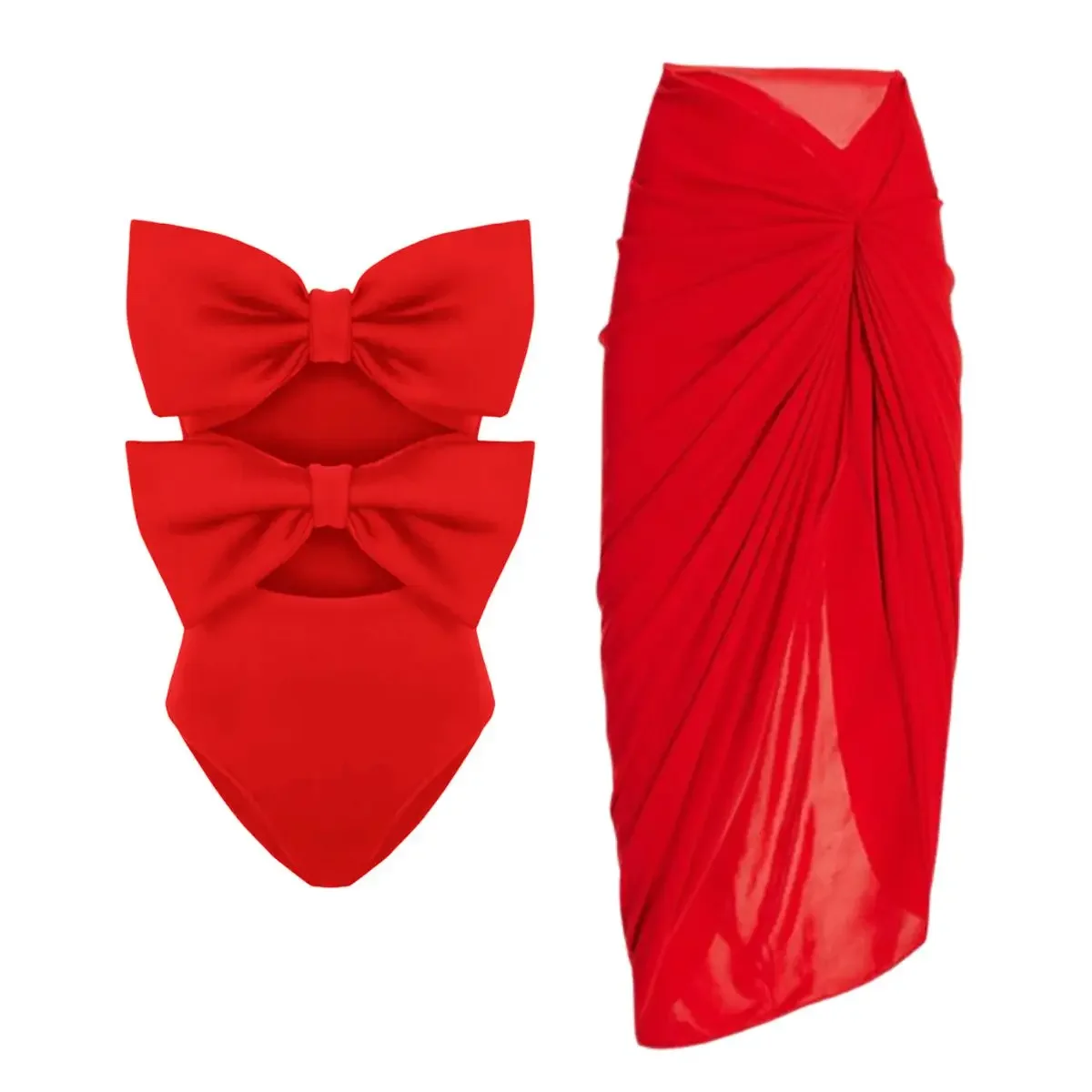 FLAXMAKER Red Bow Cut Out costume intero e Sarong Summer Swimwear donna Beachwear