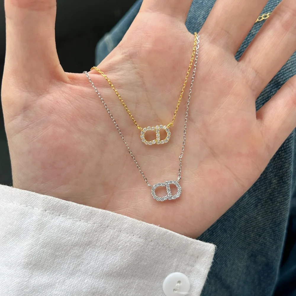 

CD Monogram Necklace, Full Pave-Set Cubic Zirconia Pendant, Dainty Titanium Steel Choker, Luxe Gift for Her