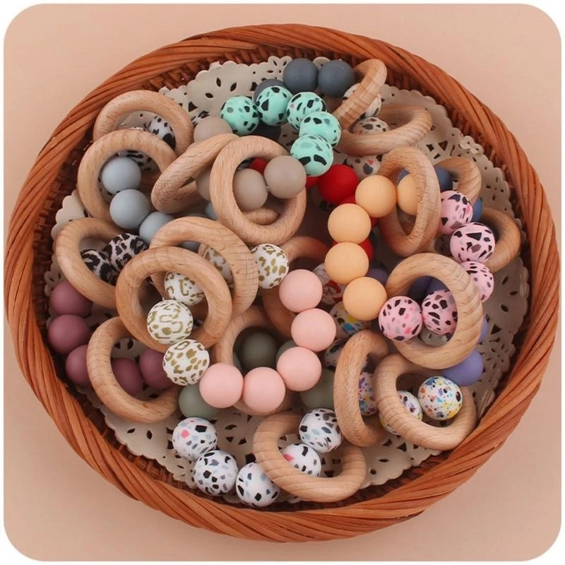 

M76C Baby Rattle Bracelets Silicone Beads Teether Toy Wooden Teething Bracelet Rattle Toy Newborn Sleeping Toy Shower Gift