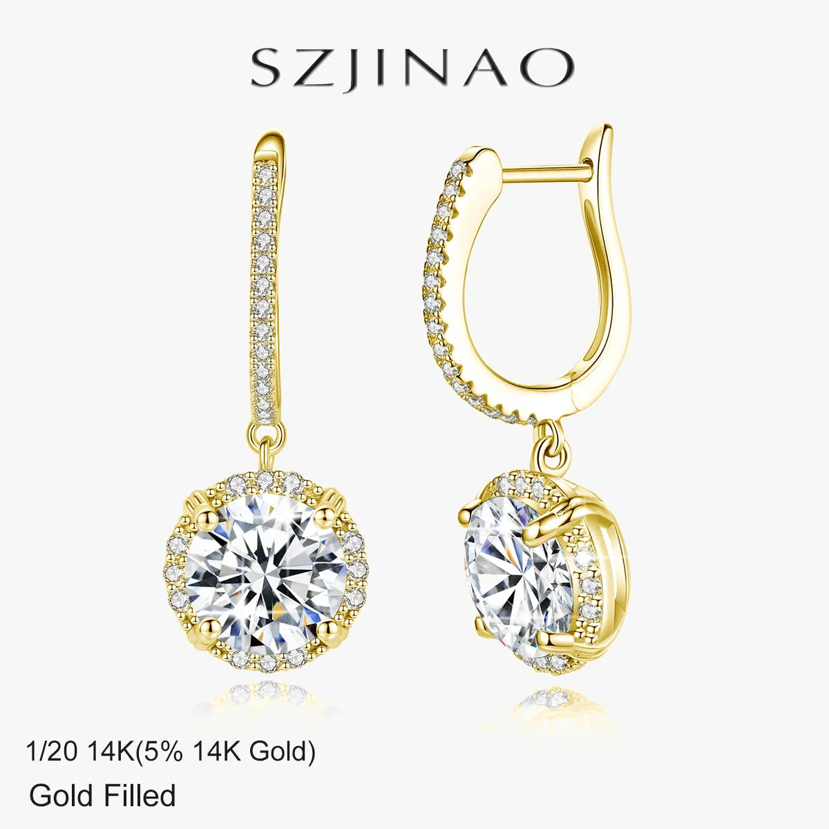 

szjinao Real 14k Gold Filled Moissanite Earrings for Woman Round Brilliant Cut Drop Earring VVS1 Birthday Party Gift Fine Jewelr
