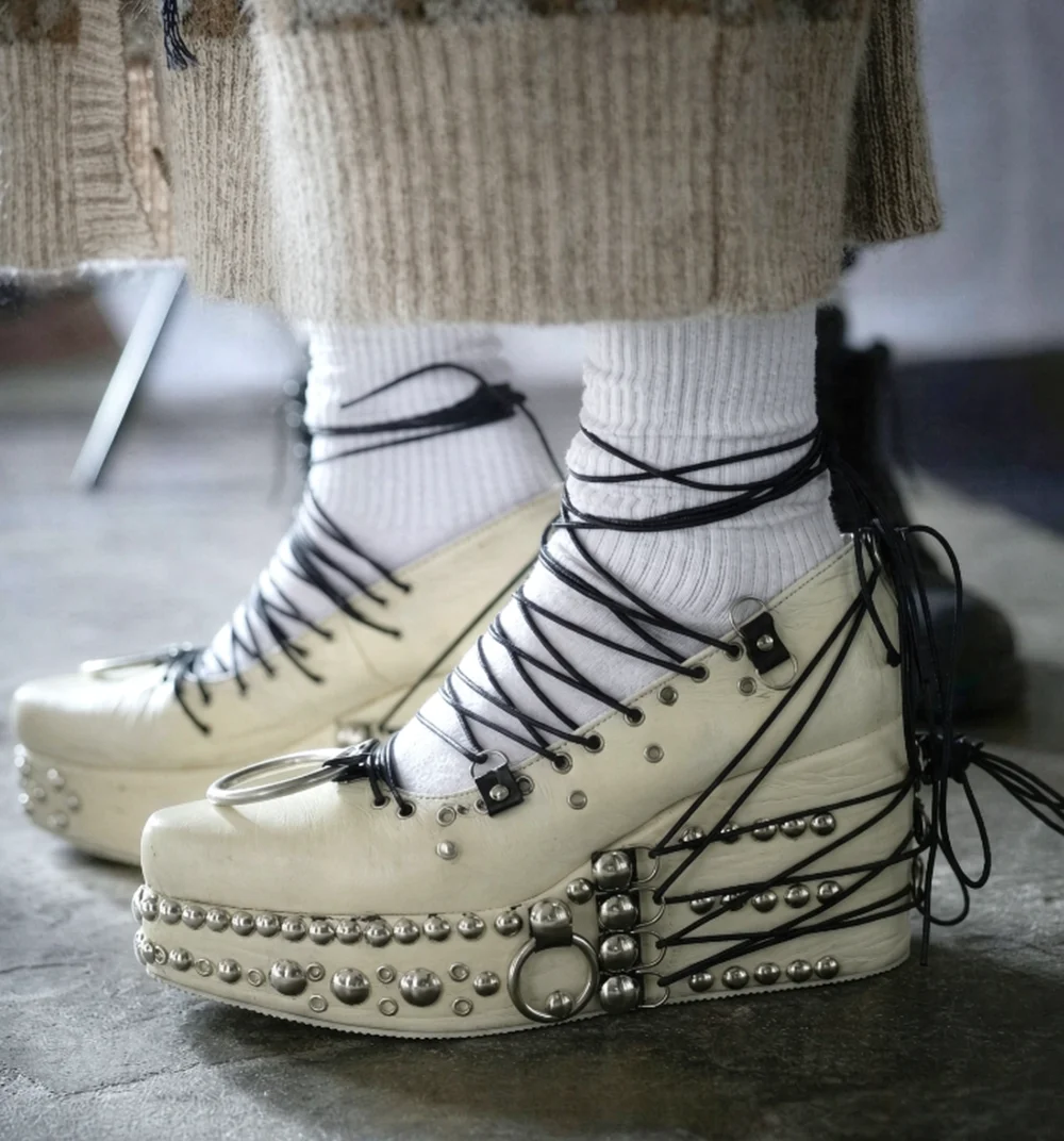 Gothic Punk Style Wedge Platform Shoes Faux Leather Silver Studs Metal Rings Crisscross Black Laces Unique Chunky High Heel Shoe
