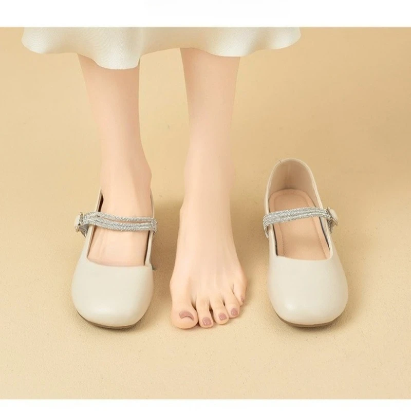 Women's Sheepskin Leather Mary Jane Shoes Square Toe Rhinestone Strap Comfortable Soft Sole Casual Daily Flat Shoes 2026 New