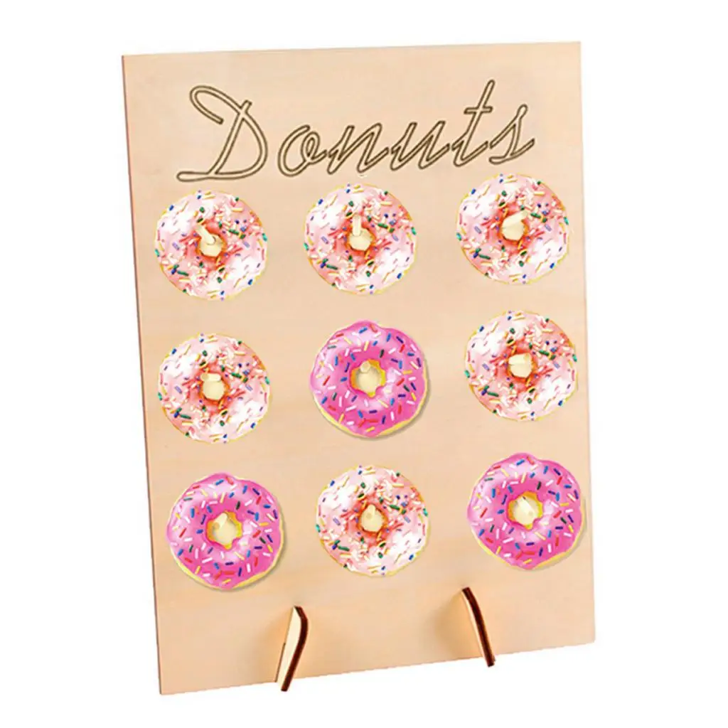 Doughnut Sweet Cart Treat Stand Wooden Donut Plank Rack with 9 Pegs Dessert Board Cake Stand Decoration for Bridal Shower